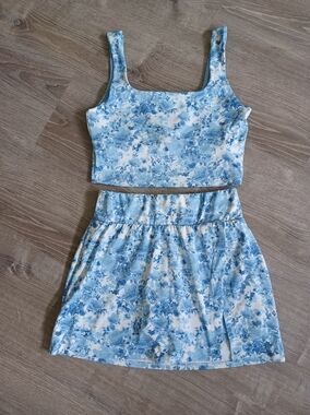 Shabby Chic Blue Floral Sports Bra Top & Skirt  Set